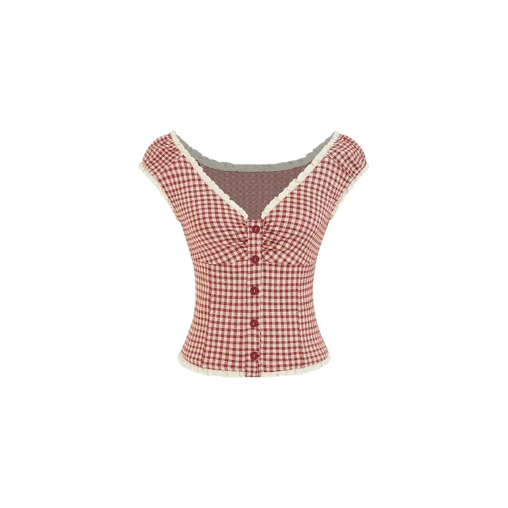 Vintage Gingham Lace Trim Top