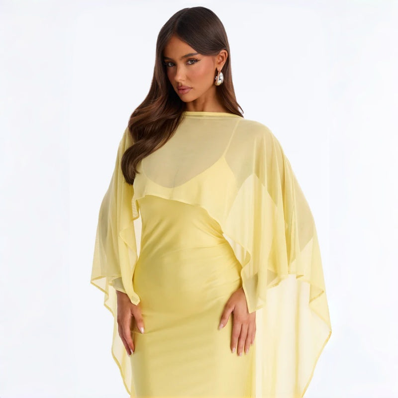 Elegant Solid Mesh Shawl Maxi Dress