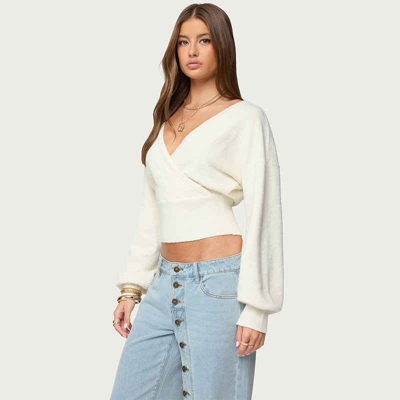 V Neck Long Sleeve Knit Crop Top