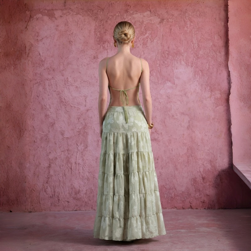 Jacquard Tiered Backless Maxi Dress