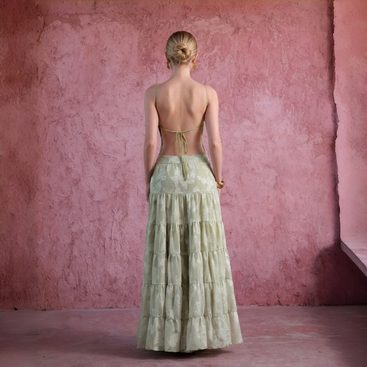 Jacquard Tiered Backless Maxi Dress