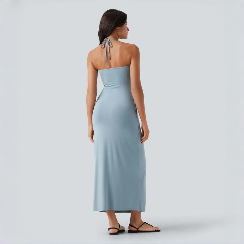Backless Halter Tie Pocket Maxi Dress