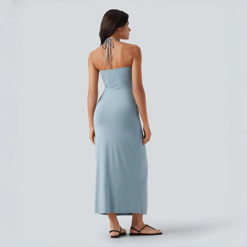 Backless Halter Tie Pocket Maxi Dress