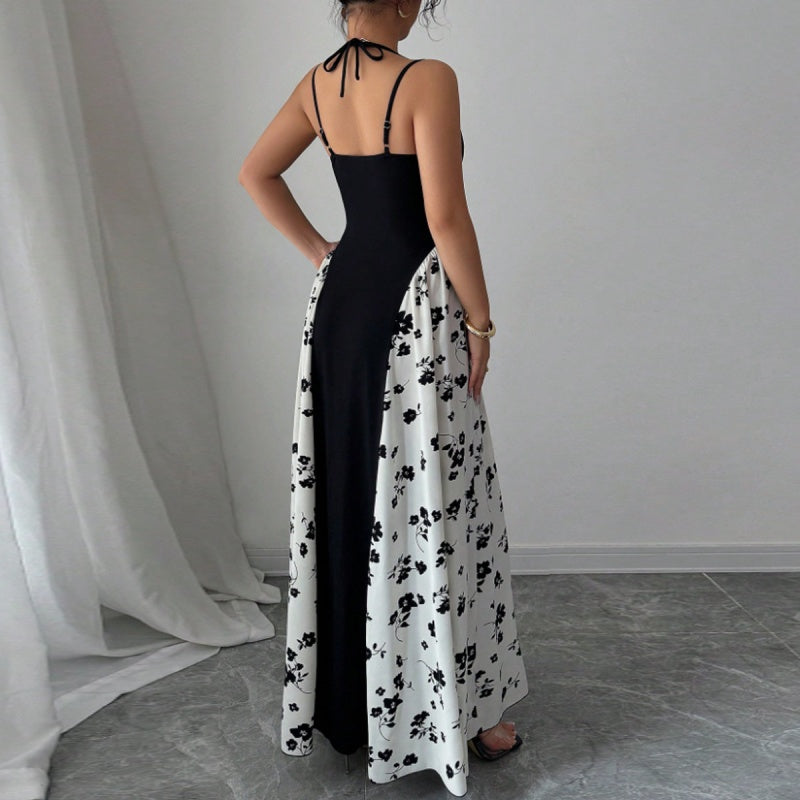 Backless Contrast Floral Maxi Dress