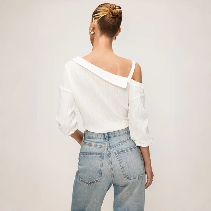 Asym Cold Shoulder Button Blouse