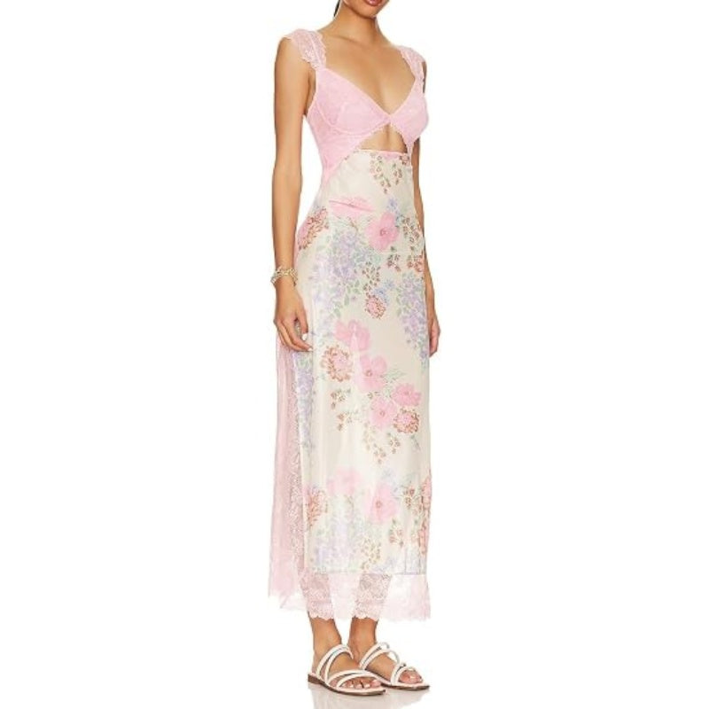 French Floral Lace Cutout Maxi Dress