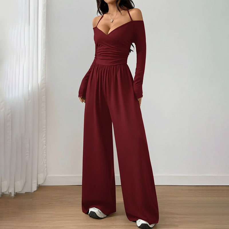 Solid Color Halter V Neck Jumpsuit