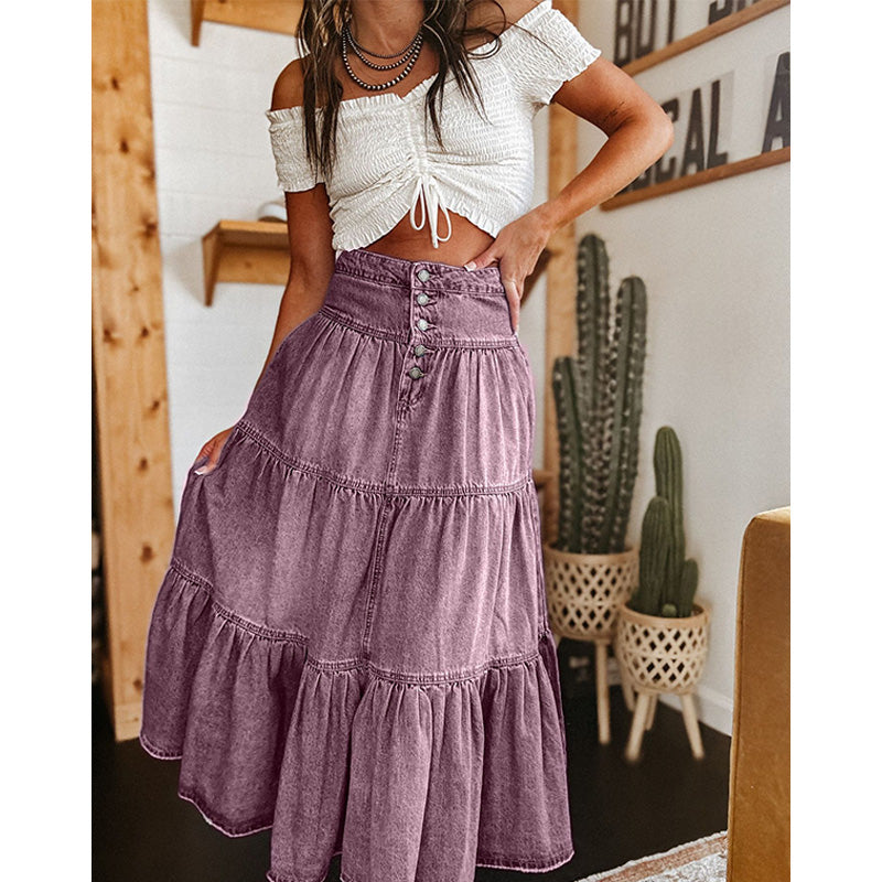 Tiered Ruffle Denim Skirt Boho Style