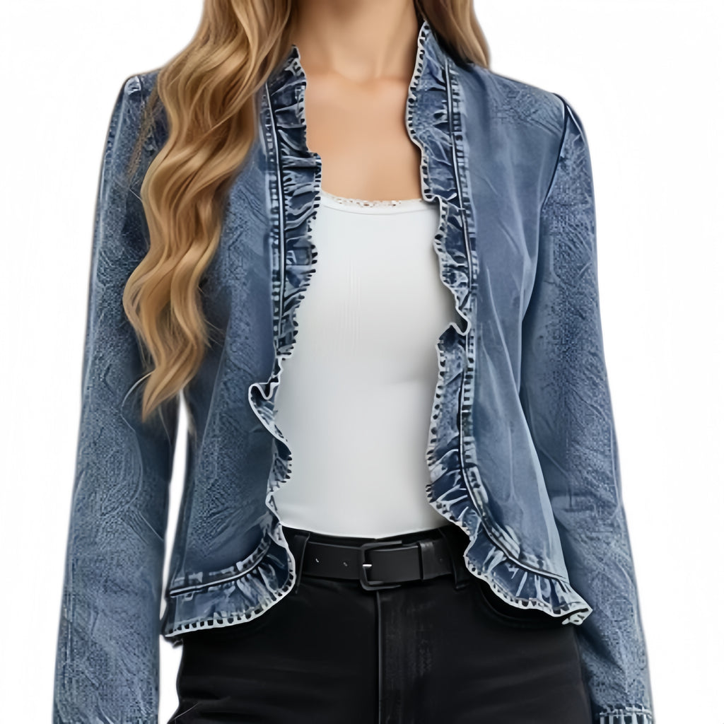Ruffle Trim Open Front Denim Jacket