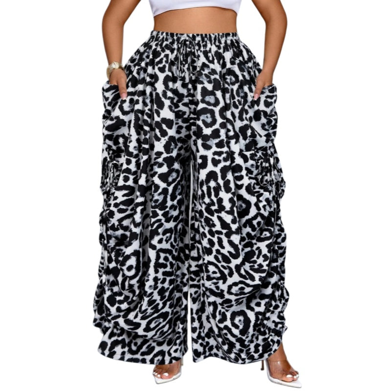Vintage Leopard Drawstring Wide Leg Pants