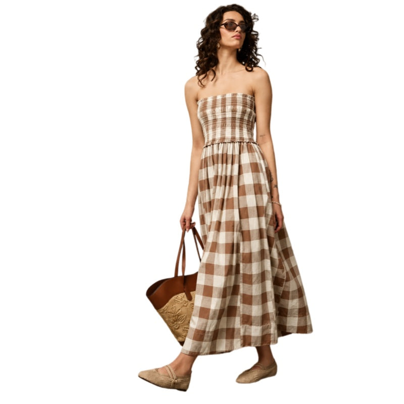 Plaid Strapless Smocked Vacation Dress