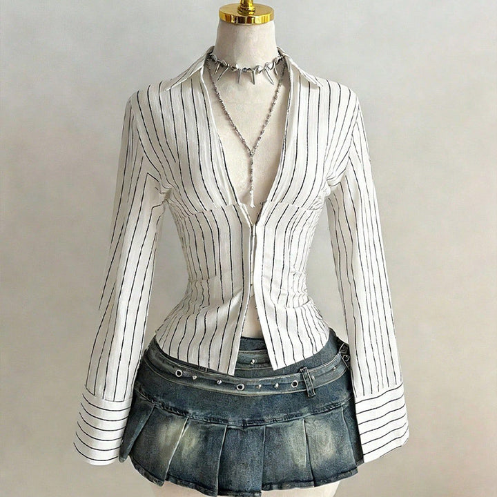 Ladies Striped Button Front Slim Blouse