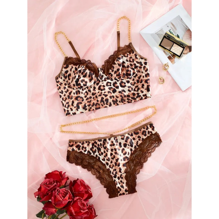 Leopard Lace Chain Bra Panty Set