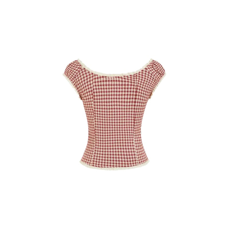 Vintage Gingham Lace Trim Top