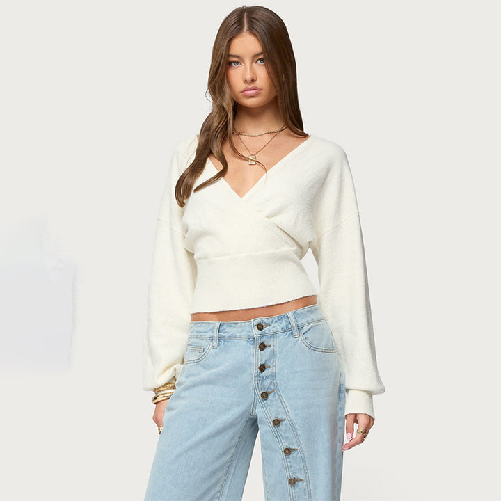 V Neck Long Sleeve Knit Crop Top