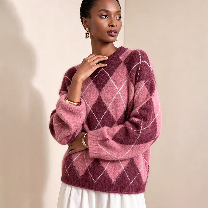 Warm Plaid Diamond Knit Casual Sweater
