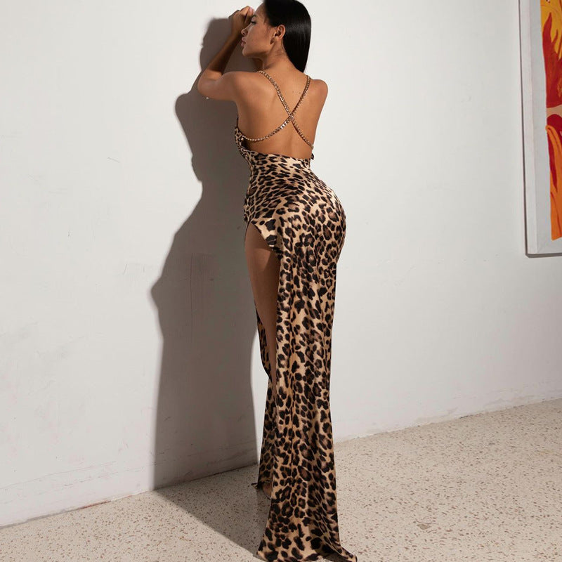 Leopard Chain Strap Slit Midi Dress
