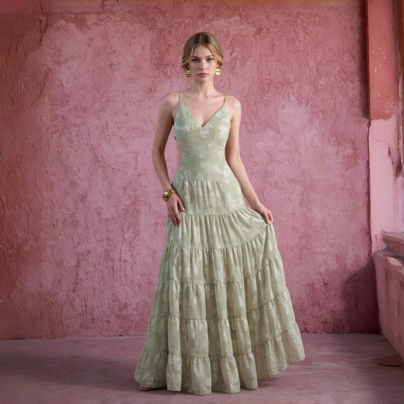 Jacquard Tiered Backless Maxi Dress