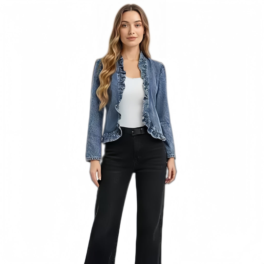Ruffle Trim Open Front Denim Jacket