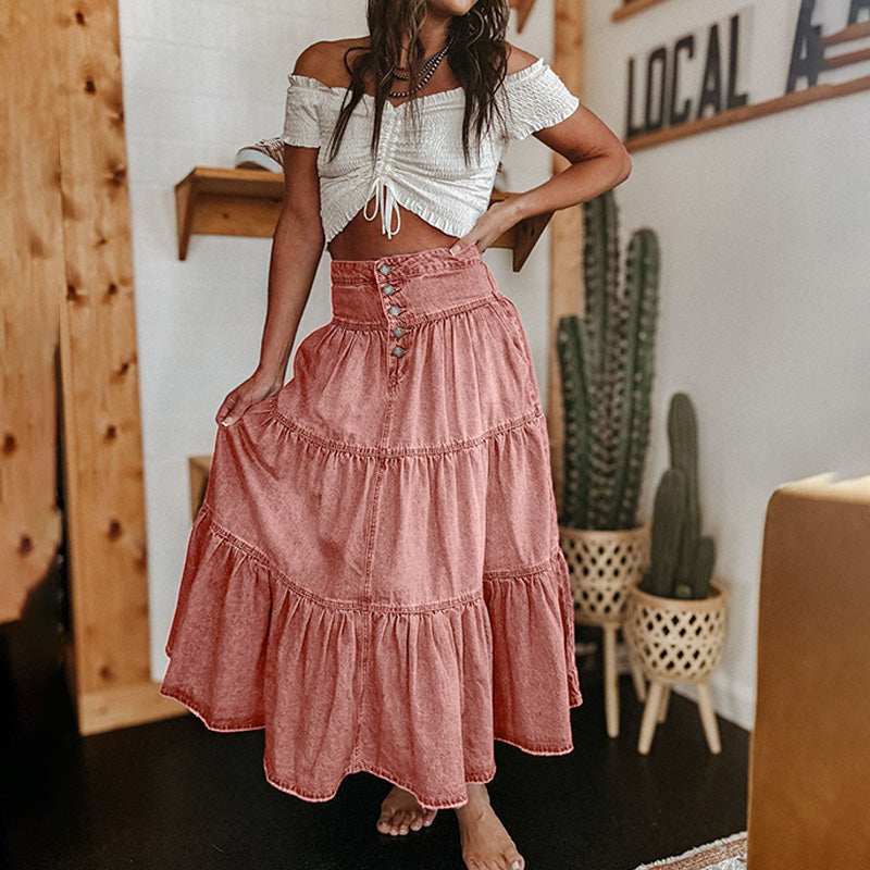 Tiered Ruffle Denim Skirt Boho Style
