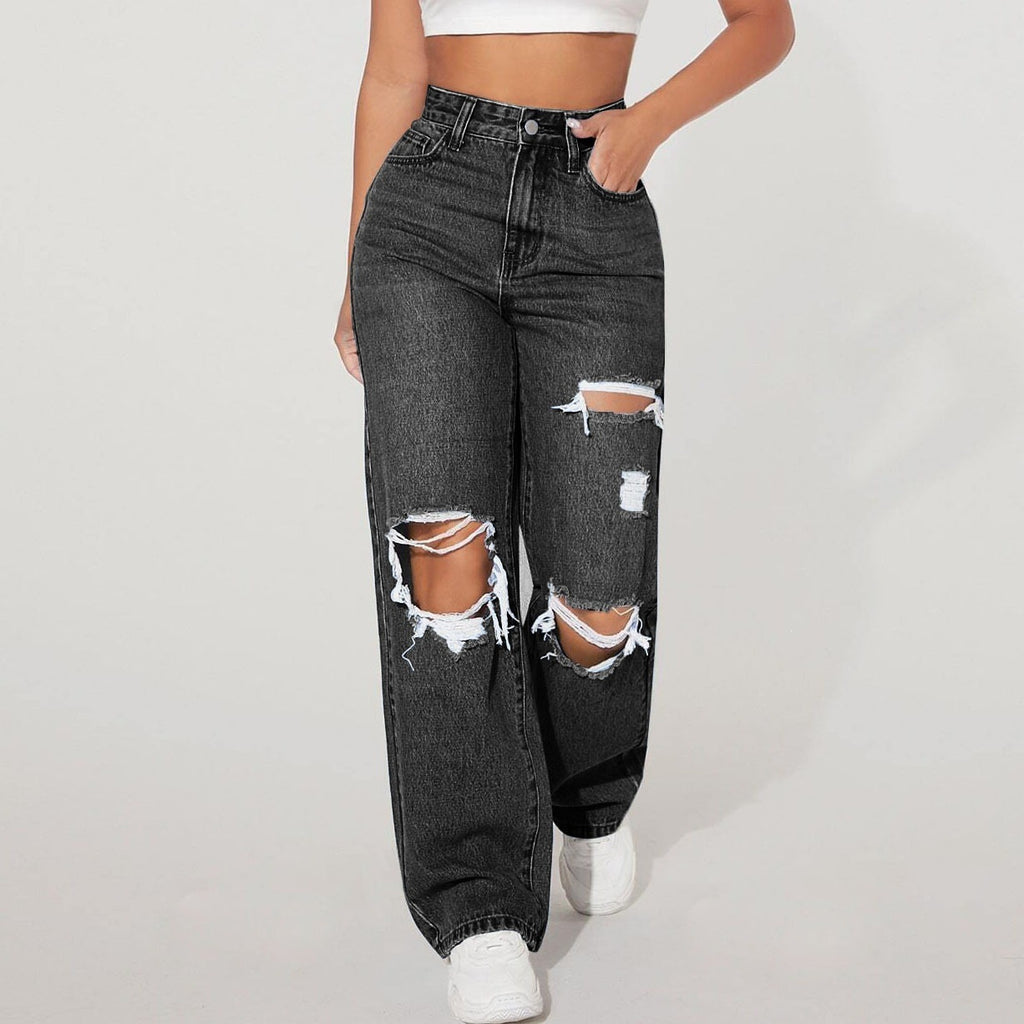 High Waist Distressed Straight Leg Jeans