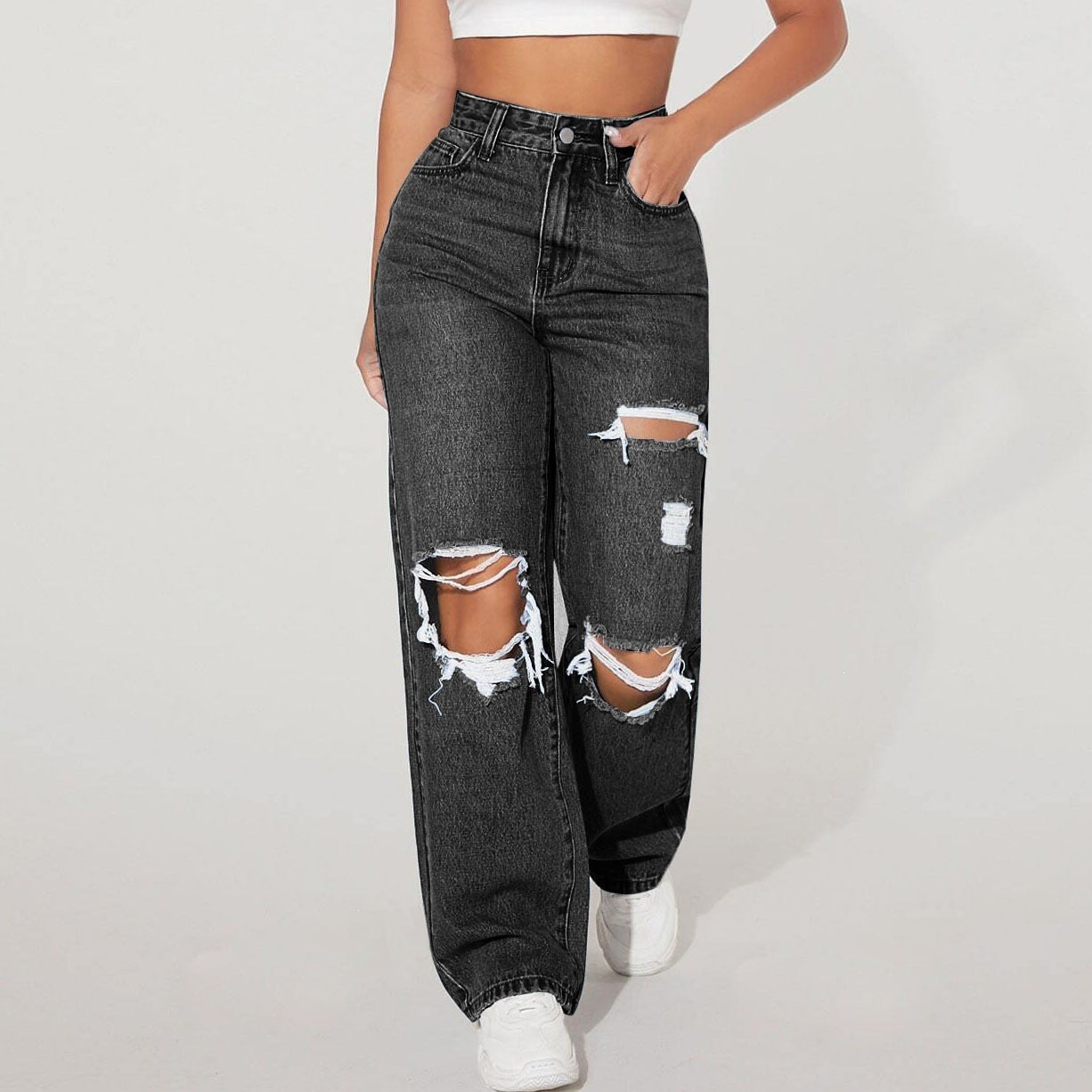 High Waist Distressed Straight Leg Jeans