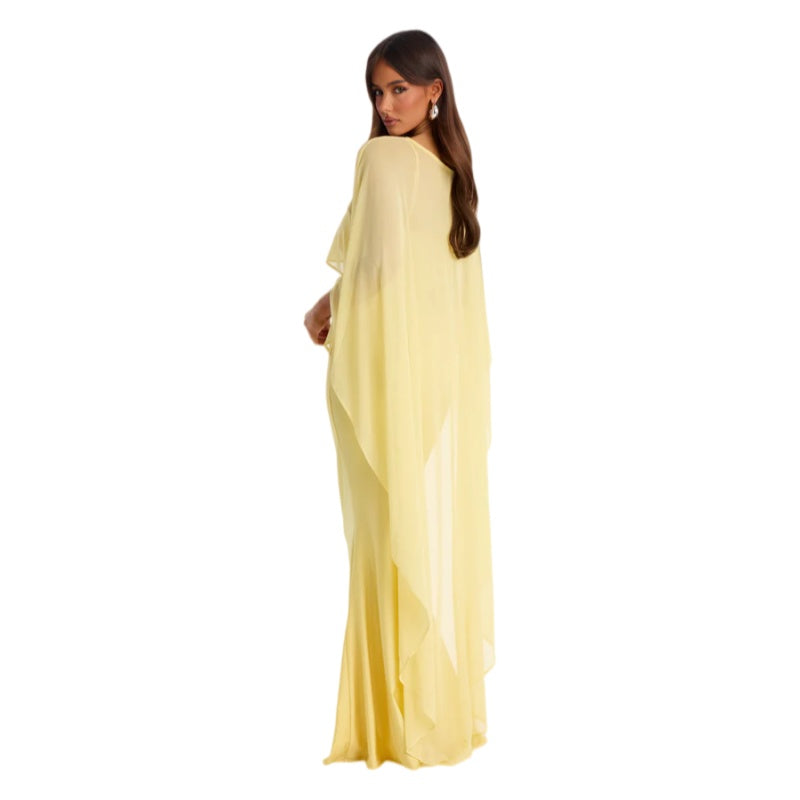 Elegant Solid Mesh Shawl Maxi Dress