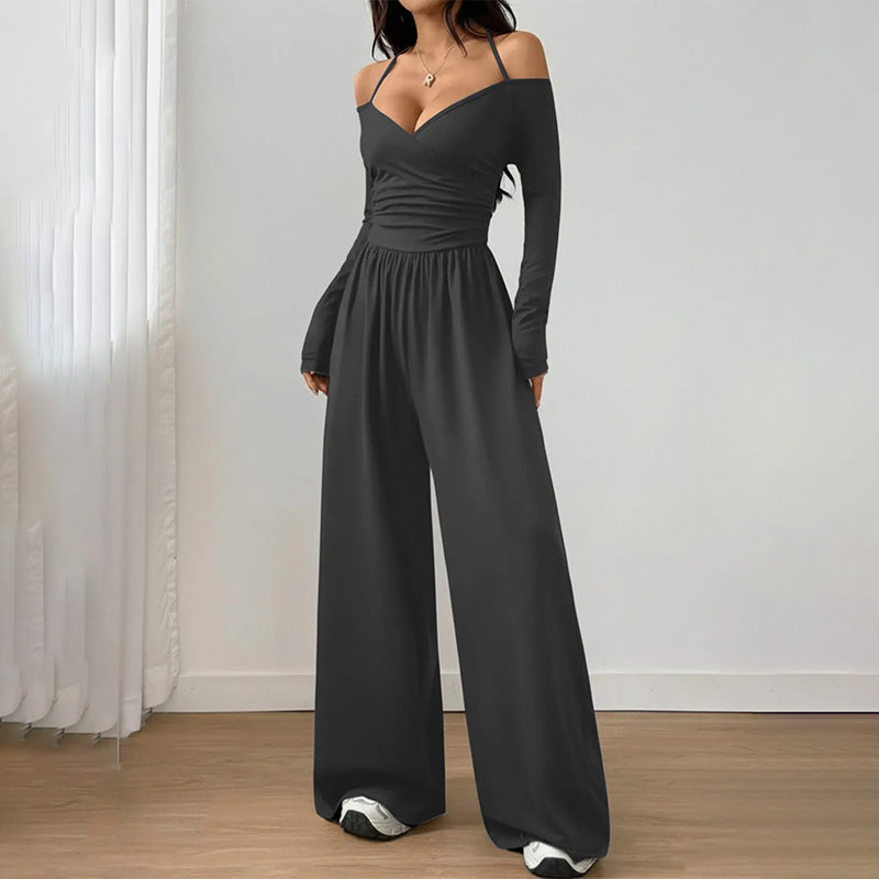 Solid Color Halter V Neck Jumpsuit