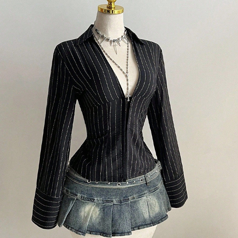 Ladies Striped Button Front Slim Blouse