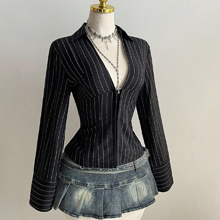 Ladies Striped Button Front Slim Blouse