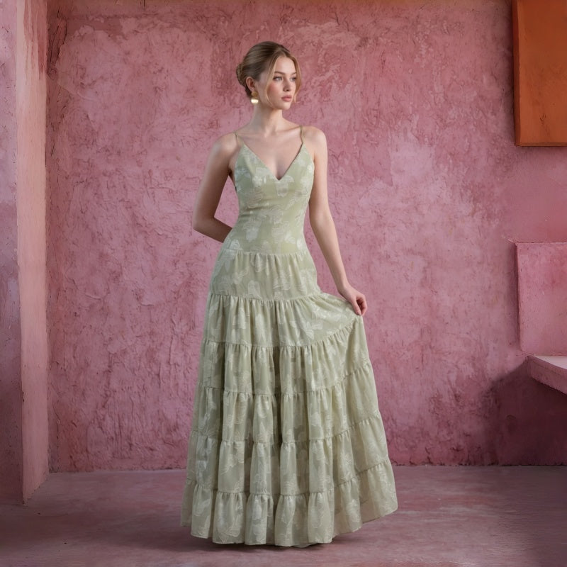 Jacquard Tiered Backless Maxi Dress
