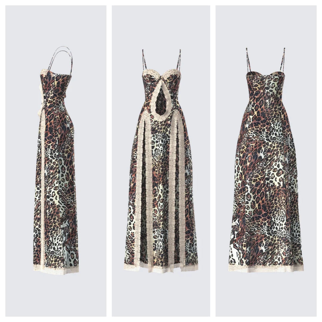 Leopard Lace Trim Slit Bodycon Dress