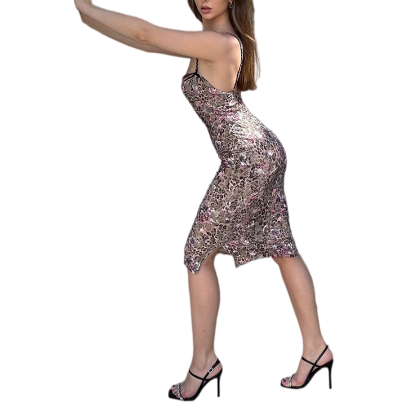 Sexy Leopard Backless Slit Midi Dress