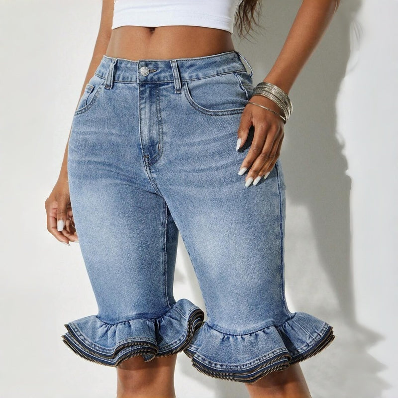 Floral Trim Skinny Denim Shorts Women