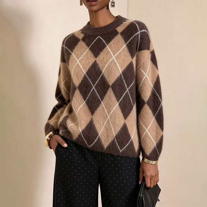 Warm Plaid Diamond Knit Casual Sweater