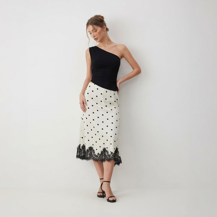 Polka Dot Lace Trim Midi Skirt