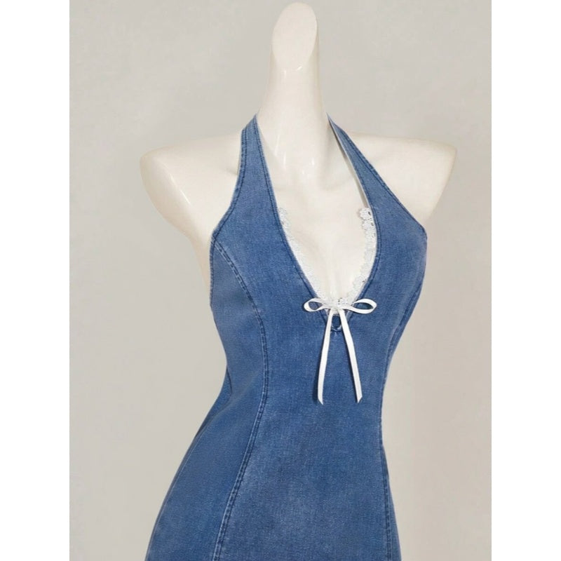 Lace Trim Halter Denim Mini Dress