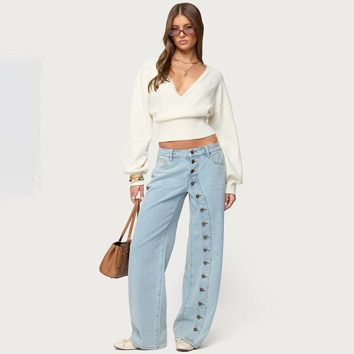 V Neck Long Sleeve Knit Crop Top