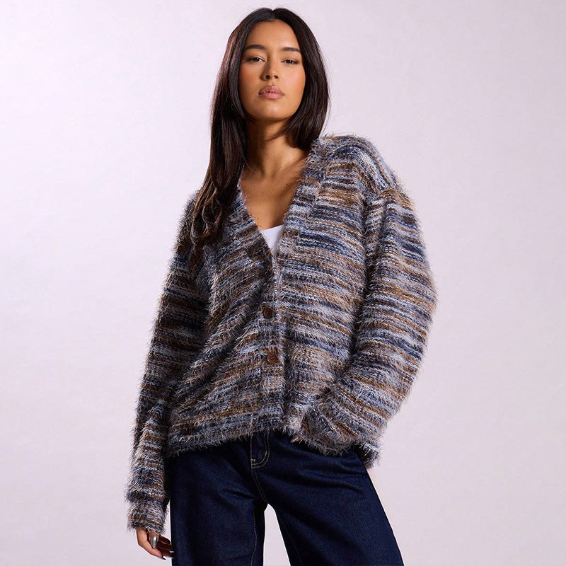 Vintage V Neck Fuzzy Knit Cardigan