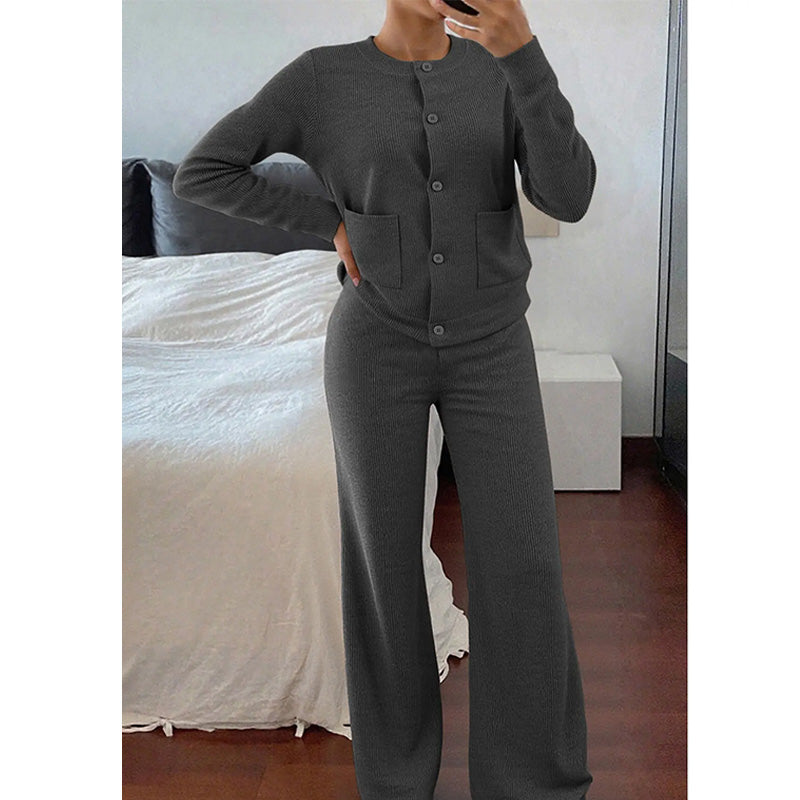 Knit Cardigan Wide Leg Pants Set