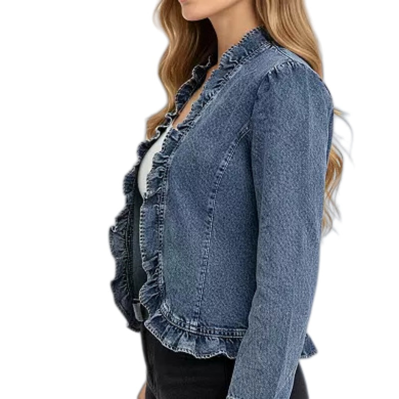 Ruffle Trim Open Front Denim Jacket