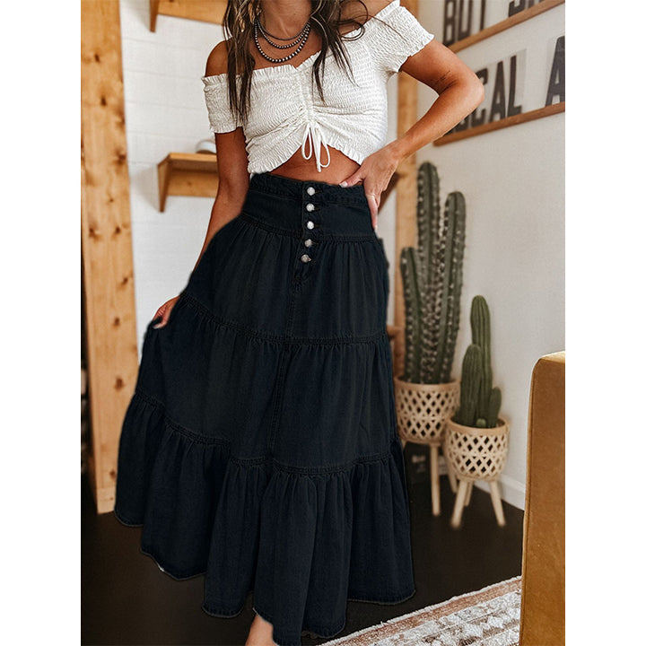 Tiered Ruffle Denim Skirt Boho Style