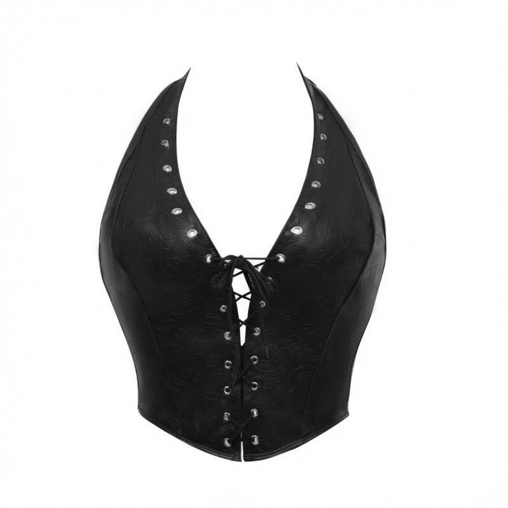 Faux Leather Lace Up Halter Corset