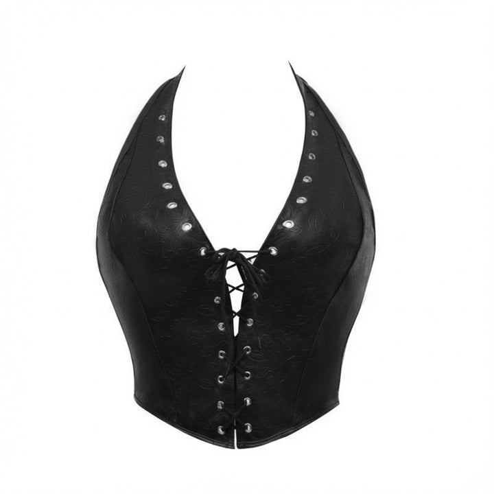 Faux Leather Lace Up Halter Corset