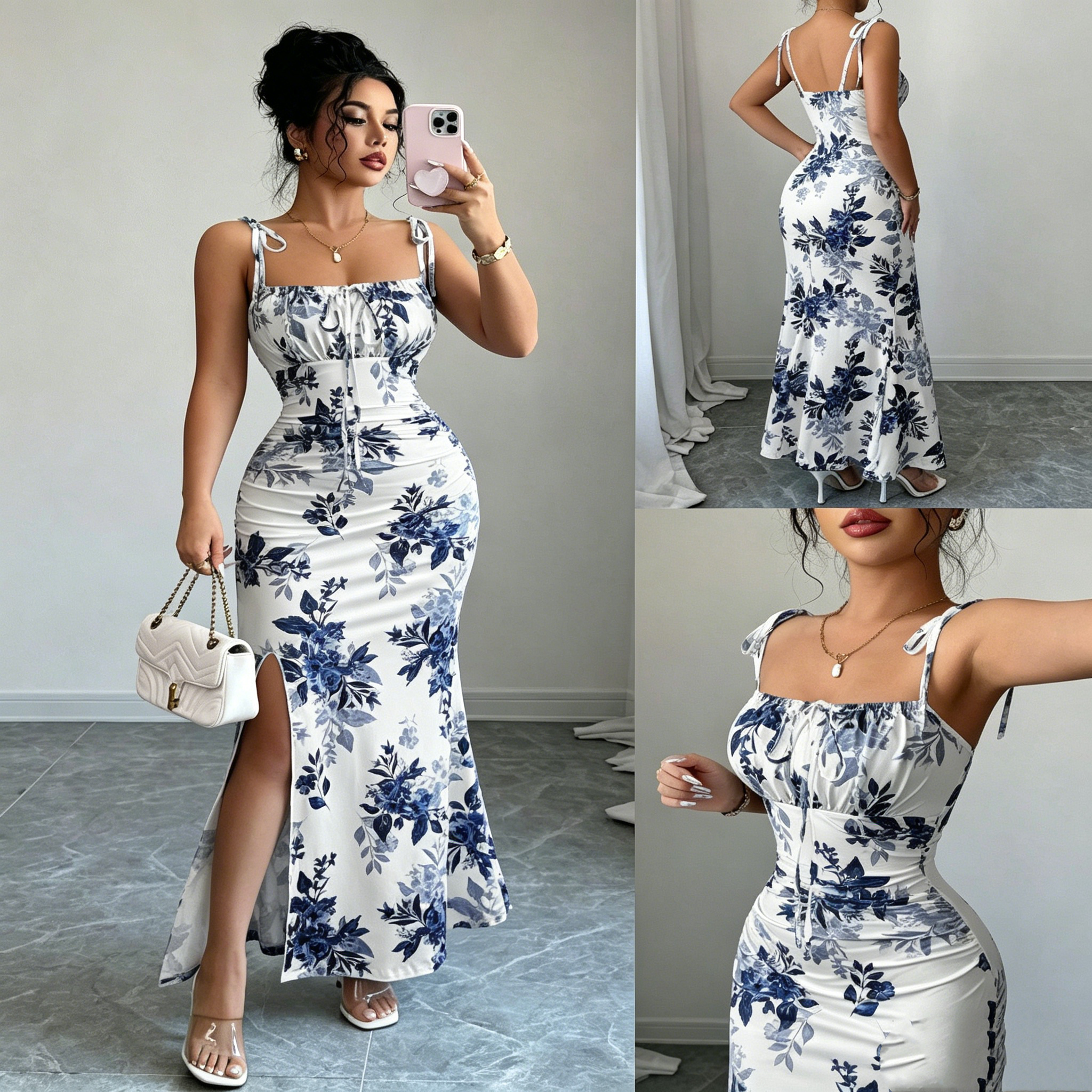 Printed Spaghetti Strap Slit Dress