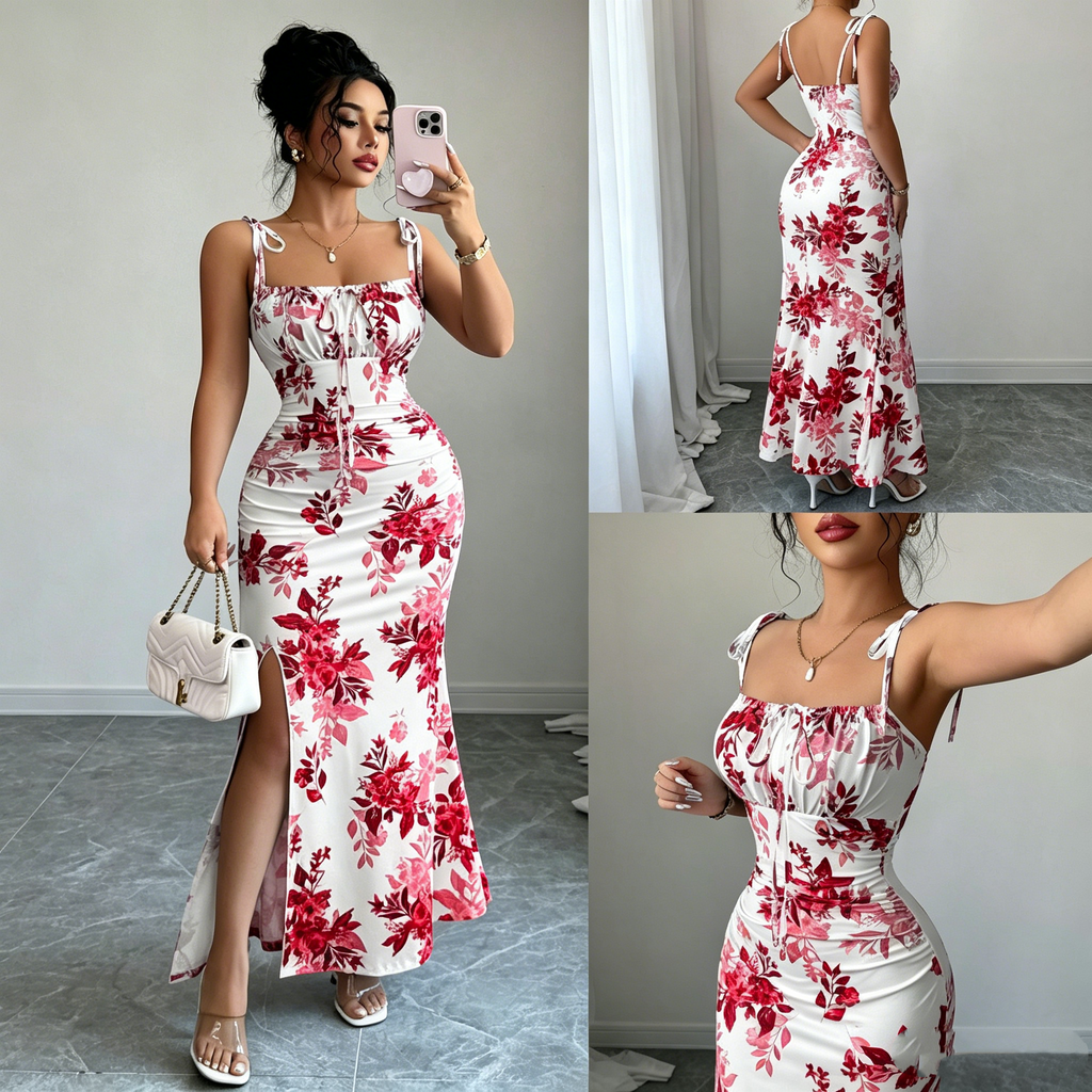 Printed Spaghetti Strap Slit Dress