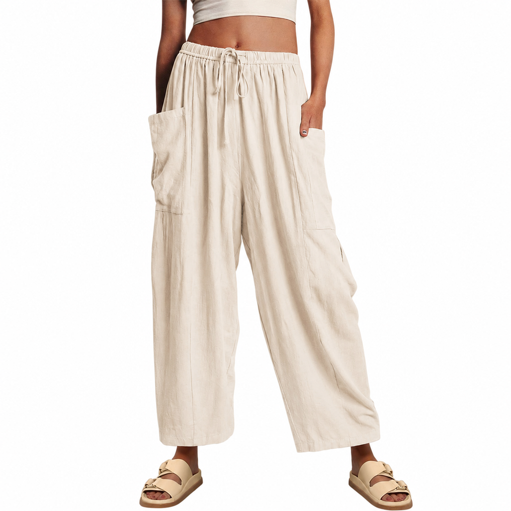 Pleated Mid Rise Elastic Waist Cropped Pants
