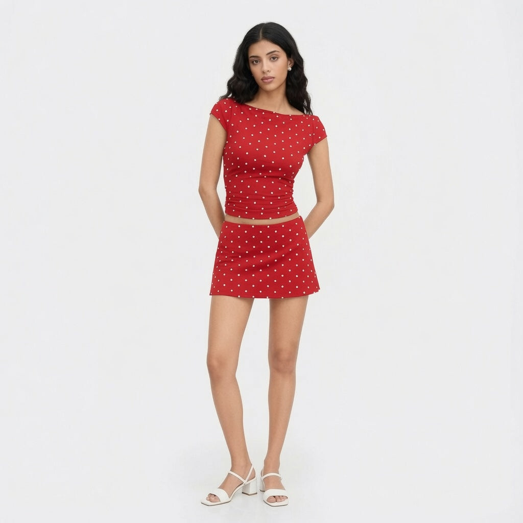 Polka Dot Tee High Waist Skirt Set
