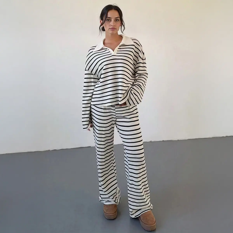 Women Lapel Neck Knit Lounge Set