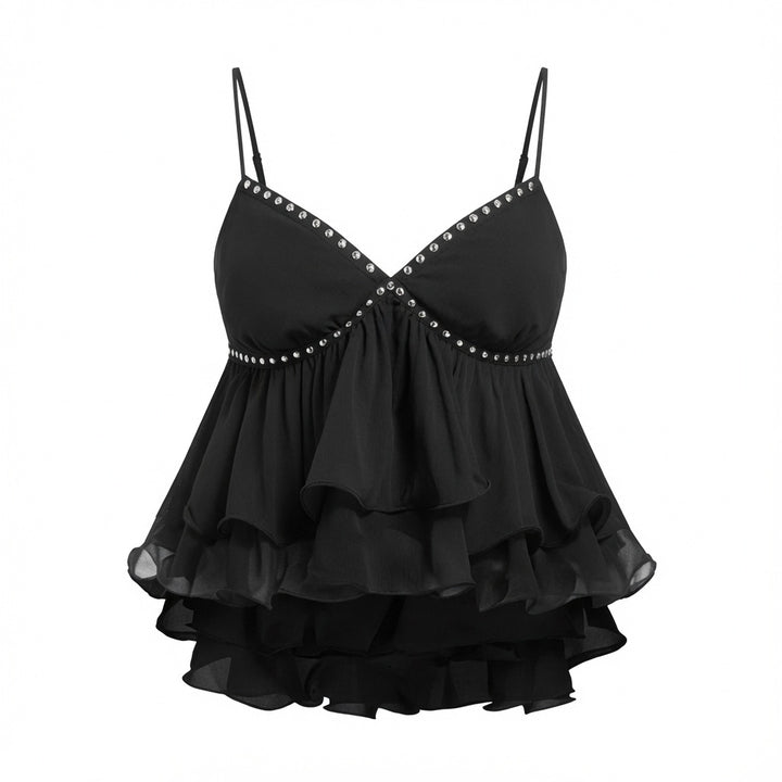 Studded V Neck Ruffle Cami Dress